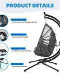 Double Egg Chair With Removable Adjustable Canopy For Outdoor Hangout Patio Balcony And Garden Oversized Hanging Hammock Chair With Cushioned Basket showing features like hooks, frame, and stand.