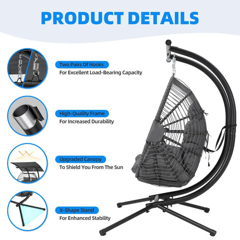 Double Egg Chair With Removable Adjustable Canopy For Outdoor Hangout Patio Balcony And Garden Oversized Hanging Hammock Chair With Cushioned Basket showing features like hooks, frame, and stand.