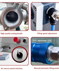 Zero Fuss Heavy Duty Pneumatic Paste And Liquid Filling Machine With 40 Liter Hopper Zero Drip Valve controls for filling speed and mode.