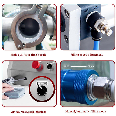 Zero Fuss Heavy Duty Pneumatic Paste And Liquid Filling Machine With 40 Liter Hopper Zero Drip Valve controls for filling speed and mode.