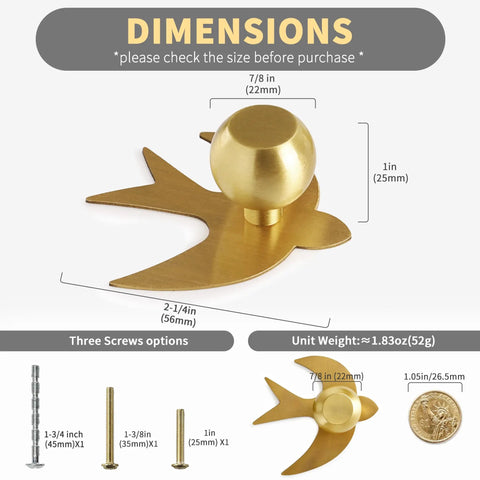 Dimensions of Solid Brass Gold Cabinet Knobs 4 Pack With Swallow Backplates, screw options, and brushed brass finish.