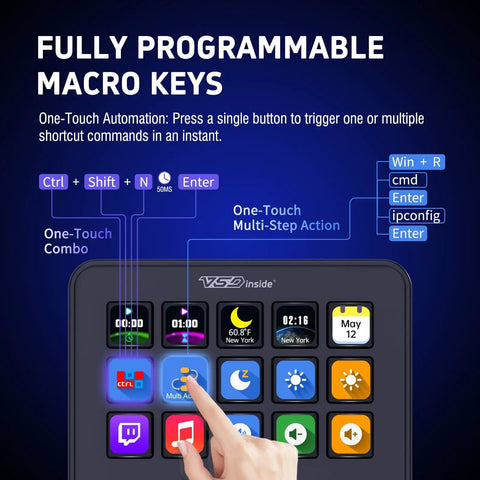 Close-up of Macro Keypad For Streaming Deck With 18 Pro Grade Programmable Keys Visual LCD Pad And USB Soundboard for desk setup.