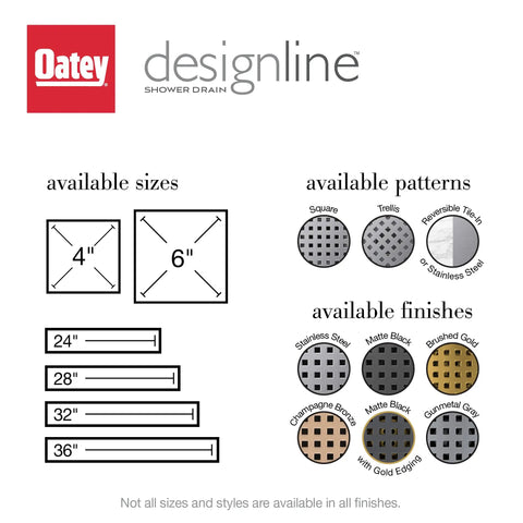 Available sizes, patterns, and finishes for 28 Inch Tile In Linear Shower Drain With Stainless Steel Grate No Fuss Install Corrosion Resistant 304 Grade Steel Sloped Channel For Quick Drainage Lifting Key Included
