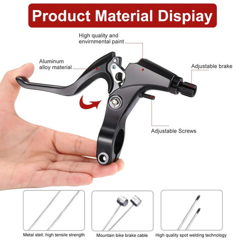 Black Complete Bike Brake Set Front And Rear For MTB And Hybrid Bikes Includes Calipers Levers Inner And Outer Cables And A No Fuss Cable Kit with adjustable brake lever shown in hand.
