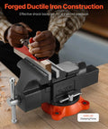 Person using a 5 Inch Bench Vise With 360 Degree Swivel Locking Base And Anvil, Beefy Heavy Duty Ductile Iron Construction, 2.8 Inch Throat