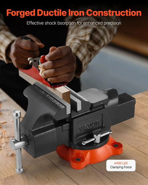 Person using a 5 Inch Bench Vise With 360 Degree Swivel Locking Base And Anvil, Beefy Heavy Duty Ductile Iron Construction, 2.8 Inch Throat
