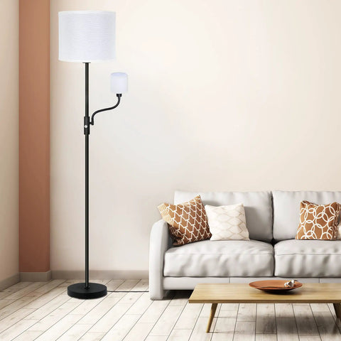 Cozy Living Room Floor Lamp With Linen Shade Tall Reading Light Black Matte Pole Lamp With 12W LED Bulb 3 Way Rotary Switch Modern Corner Lamp For Bedroom Or Study White Finish