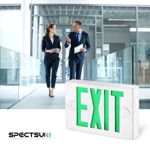 Six Pack LED Exit Signs With Emergency Lights Green Battery Backup Exit Light UL Listed For Commercial Use shown in office