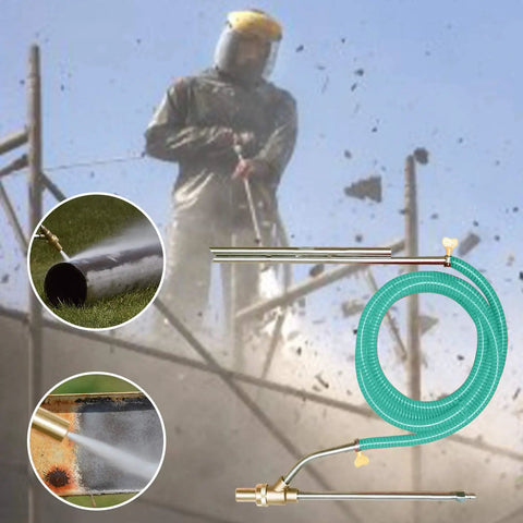 Wet Sandblasting Kit for Pressure Washers, 5000 PSI, wet abrasive sandblaster shown in use with hose and nozzle details