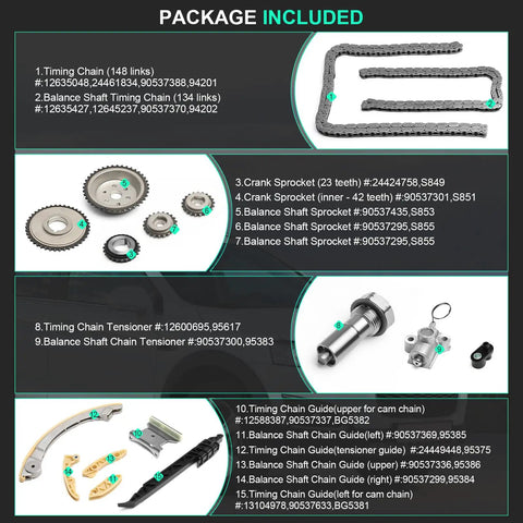 Timing Chain Kit For Chevrolet Malibu Equinox GMC Terrain Buick LaCrosse Regal Verano 2010 2015 Models Compatible Upgrade Easy Install Durable Performance With Precise Fitment showing chains, sprockets, tensioners, and guides