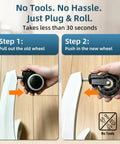 Upgraded Inline Style Office Chair Wheels 3 Inch Rubber Casters installation steps showing easy plug and roll process