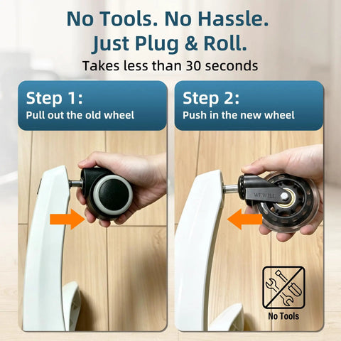 Upgraded Inline Style Office Chair Wheels 3 Inch Rubber Casters installation steps showing easy plug and roll process