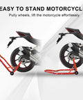 Beast Tough Motorcycle Lift Stand for Sport Bikes Front and Rear Wheel Lift Adjustable Steel Stand Up to 850 Lbs for Easy Maintenance and Repairs Fits Yamaha Kawasaki Honda Suzuki Red lifting motorcycle rear wheel