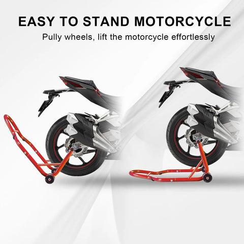 Beast Tough Motorcycle Lift Stand for Sport Bikes Front and Rear Wheel Lift Adjustable Steel Stand Up to 850 Lbs for Easy Maintenance and Repairs Fits Yamaha Kawasaki Honda Suzuki Red lifting motorcycle rear wheel