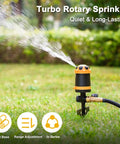 Turbo rotary sprinkler with metal spike base watering grass, labeled as quiet and long-lasting, connected to a garden hose.