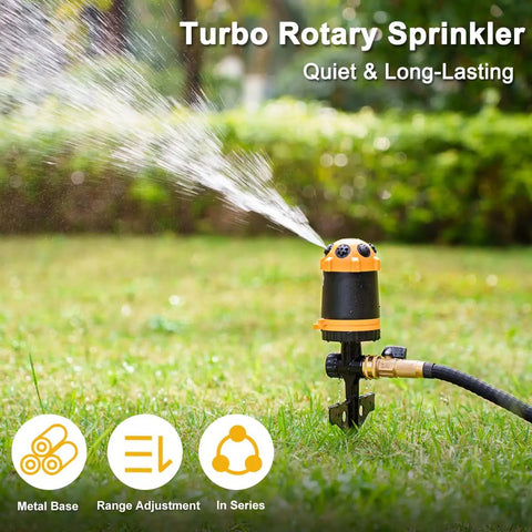 Turbo rotary sprinkler with metal spike base watering grass, labeled as quiet and long-lasting, connected to a garden hose.