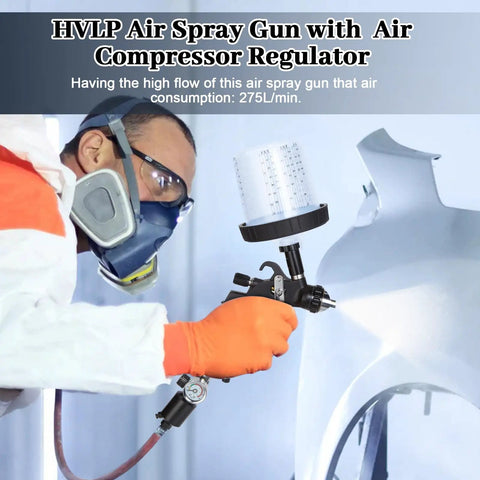 Premium HVLP Air Spray Gun Kit With Three Precision Nozzles And Ten Disposable Cups For Hella Smooth Paint Application And Top Notch Finish Quality On Wood And Auto Projects in use by a masked person.