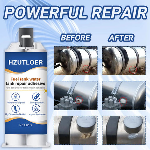 Instant Fuel And Water Tank Repair Adhesive Kit 85g Waterproof High Temp Bond shown with before and after repair images