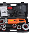 Rock Solid Electric Pipe Threader With Portable Handheld Threading Machine and Heavy Duty Carbon Steel Die Set in toolkit.