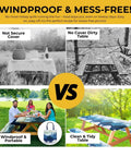 Comparison showing Six Foot Polyester Picnic Table Cover Set With Bench Covers Windproof Waterproof For Camping RV Trips Includes Carrying Bag Measures 72 By 30 Inches Four Pieces Blue used and not used.