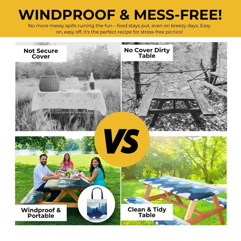 Comparison showing Six Foot Polyester Picnic Table Cover Set With Bench Covers Windproof Waterproof For Camping RV Trips Includes Carrying Bag Measures 72 By 30 Inches Four Pieces Blue used and not used.