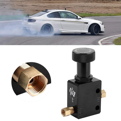 Adjustable Brake Proportioning Valve With Aluminum Alloy Housing And Two Connectors For Hot Rods And Muscle Cars Zero Slop Pedal Feel shown in use with street car.