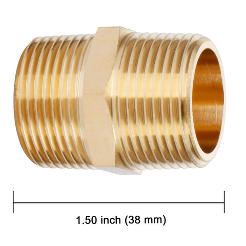 Go-To Solid Brass Pipe Fitting Hex Nipple Three Quarter Inch By Three Quarter Inch NPT Male Adapter, side view with dimensions
