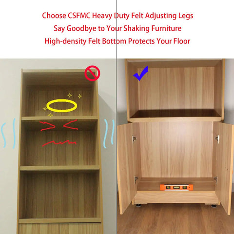 Adjustable Furniture Leg Levelers With High Density Felt Pads To Squash Wobbles And Shield Floors on furniture with empty shelves.