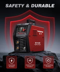 ARCCAPTAIN MIG145 Pro Flux Core MIG Welder 145 Amp 120 Volt showing digital MCU display and safety features.