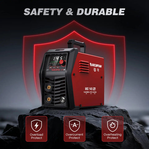 ARCCAPTAIN MIG145 Pro Flux Core MIG Welder 145 Amp 120 Volt showing digital MCU display and safety features.