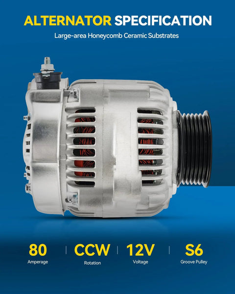 High Amp Alternator for Honda Accord 1994 1995 1996 1997 2.2L Replacement 12V 80Amp CCW 6 Groove Pulley Fits 13539N side view