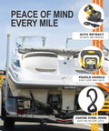 Boat secured with Retractable Ratchet Straps 2 Pack 1 7/8 Inch By 4 Foot Heavy Duty Transom Tie Downs 3000 Lbs Break Strength