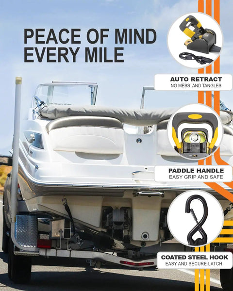 Boat secured with Retractable Ratchet Straps 2 Pack 1 7/8 Inch By 4 Foot Heavy Duty Transom Tie Downs 3000 Lbs Break Strength