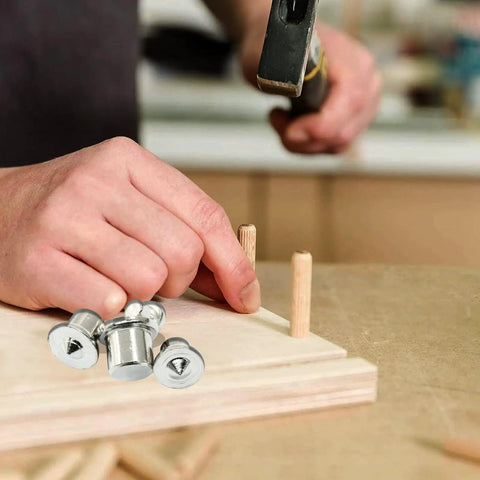 Pro Grade Dowel And Tenon Center Transfer Plugs For Precision Woodworking used in alignment with wooden dowels.