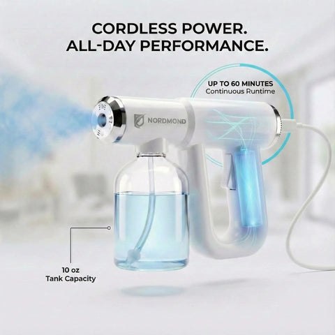 Disinfectant Fogger Machine For Fast Cleanup In Small And Medium Rooms, Professional Sanitizer Sprayer with 10 oz tank, blue light.