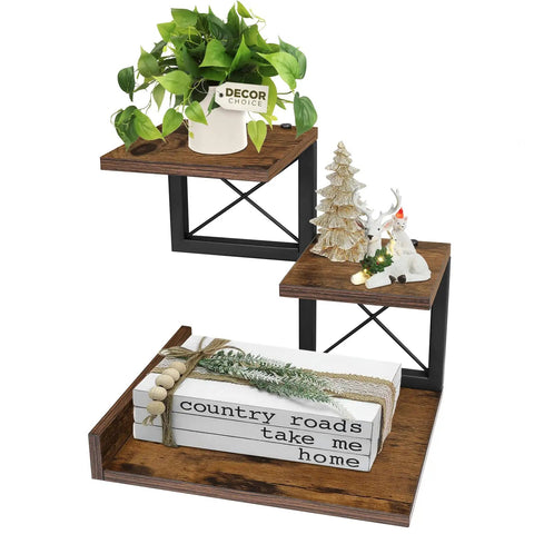 Compact Desk Shelf Organizer Three Tier Storage Riser For Small Desks Rustic Brown Black Finish displaying decor and books