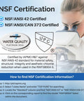 NSF Certification poster with woman using microscope, highlighting standards for Replacement Refrigerator Water Filter For Frigidaire EPTWFU01, EWF02, RWF5800A.