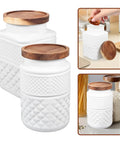 Swanky Matte White Glass Canisters With Tough Wood Lids Set Of Two Hella Tight Sealable Storage Vessels 1800 Milliliter Size