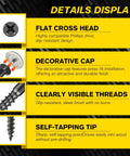 DIY 400-Piece Cross Flat Head Self Tapping Screws With 200 Decorative Cover Caps In A Reusable Organizer Box details display