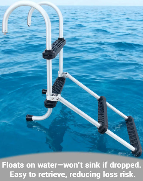 Four Step Aluminum Folding Boat Ladder Delivers Five Hundred Pound Capacity With Non Slip Steps Lightweight Removable Design For Pontoons Yachts And Docks Built Tough For Adults Kids And Gear, floating on water
