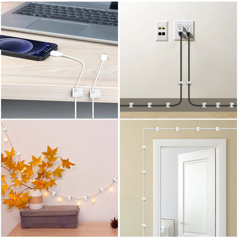 Adhesive Cable Clips 100 Pack White Assorted Small And Large used for organizing cords on desk, wall, and around decor