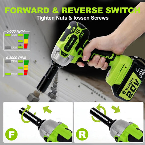 Cordless Half Inch Impact Wrench Kit With 400 Nm Torque, 20V Brushless Motor showing forward-reverse switch in action