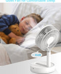8 Inch Oscillating Desk Fan with Rechargeable Battery USB Powered Quiet Portable Cooling for Office and Home next to sleeping child