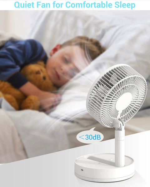 8 Inch Oscillating Desk Fan with Rechargeable Battery USB Powered Quiet Portable Cooling for Office and Home next to sleeping child