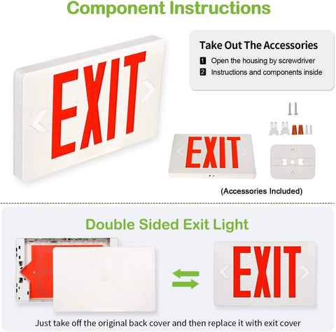 Lit Ultra Slim LED Exit Sign Dual Face 2 Pack Red Letter Emergency Exit Lights with instruction and component view