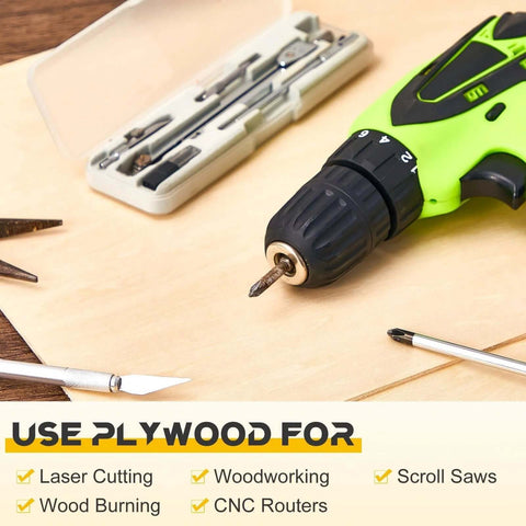 Cordless green drill with chuck and bit, next to a white drill-bit case and hobby blades on a wooden work surface