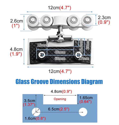 Diagram showing dimensions of Sliding Glass Barn Door Hardware Kit with stainless steel rollers and aluminum track measurements.