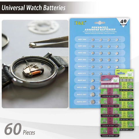 All In One Pro Grade Watch Repair Kit With Carrying Case And 145 Piece Tool Set Including 60 Watch Batteries and tools displayed