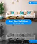 Daytime and night vision comparison showing a living room with a sofa, using 2K Outdoor Wireless Battery Powered Camera with 5200mAh Dual Batteries.