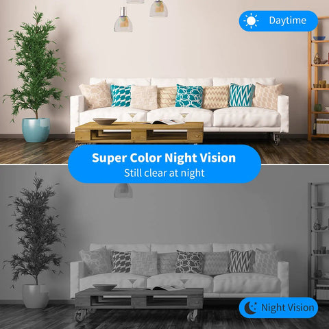 Daytime and night vision comparison showing a living room with a sofa, using 2K Outdoor Wireless Battery Powered Camera with 5200mAh Dual Batteries.
